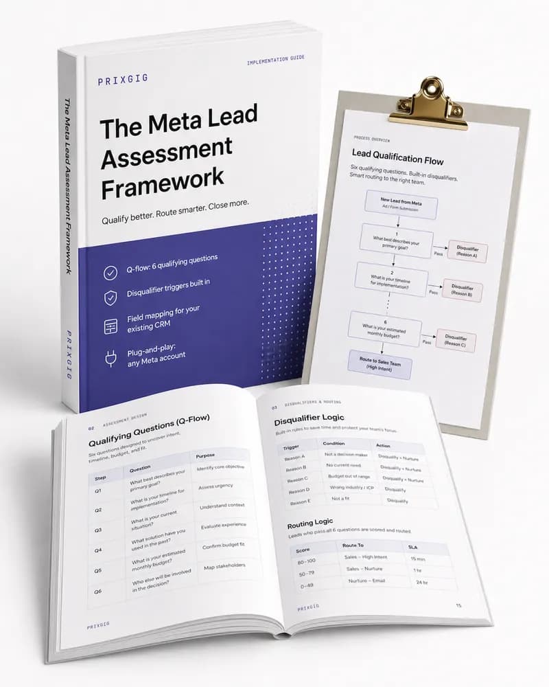 The Meta Lead Assessment Framework — printed book, clipboard and sample pages