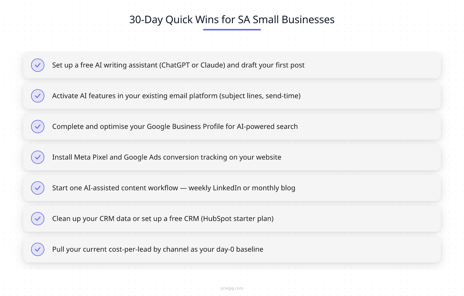 Checklist: 30-Day Quick Wins for SA Small Businesses — seven immediate actions to start using AI for small business marketing
If you have read this far, you now have a practical framework for using AI for small business marketing in South Africa. The 30/60/90 day plan gives you a structured path. The tools table gives you specific starting points. And the DIY-versus-agency section gives you a clear decision framework for when to go it alone and when to bring in help.
The most important thing is to start. Pick one area of AI for small business marketing — content, email, social, or ads — and spend this week setting up one AI tool in that area. The compounding effect of AI for small business marketing is real, but it only kicks in once you begin.
And if you would rather have someone run all of this for you — the ads, the email sequences, the content calendar, the analytics, the CRM integration, the optimisation, the reporting — PRIXGIG runs a 21-day proof sprint. No retainer. No long-term commitment upfront. We set up the full AI marketing stack for your business and prove it works before you pay a management fee. If the primary KPI is not hit during the sprint, you do not pay.
|||cta|||Ready to skip the learning curve?|Apply through our portal — we’ll assess your readiness, walk you through the model, and show you what a proof sprint looks like for your specific category. No retainer. No long-term commitment upfront.|||end_cta|||