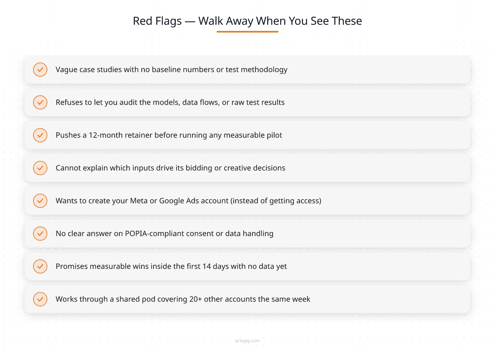 Red flags checklist: eight warning signs to walk away from during AI agency evaluation

|||image|||/images/how-to-choose-ai-agency-performance-growth/section-5-comparison-split.webp|Side-by-side comparison: a real AI agency versus an AI consultancy with nice slides|||end_image|||

In addition to the structural red flags in the checklist, the qualitative ones to watch for during conversations:

- **Pressure tactics.** “We only have two spots left this quarter” used to close a contract before you’ve seen raw data. A selective AI agency is fine (PRIXGIG itself runs a deliberately small intake). Pressure to sign without evidence is not.
- **The slide deck is the product.** Every answer comes back to “let me walk you through this slide again.” A real AI agency opens a live dashboard, pulls up the actual ad account, and shows you the data.
- **Vague answers when asked for specifics.** If you ask “what’s your average CPQL reduction in my vertical” and the answer is “clients typically see 2–5x improvement,” you’re talking to a marketer, not an operator.
- **Proprietary everything.** Everything is “proprietary” and nothing can be shared or audited. The word “proprietary” is sometimes legitimate and sometimes a shield — the way to tell the difference is whether you get answers to the questions in Evaluation 3 (model transparency).
- **No POPIA conversation.** As noted above, an SA-serving AI agency that doesn’t bring up POPIA unprompted is operating dangerously, and you don’t want them anywhere near your customer data.