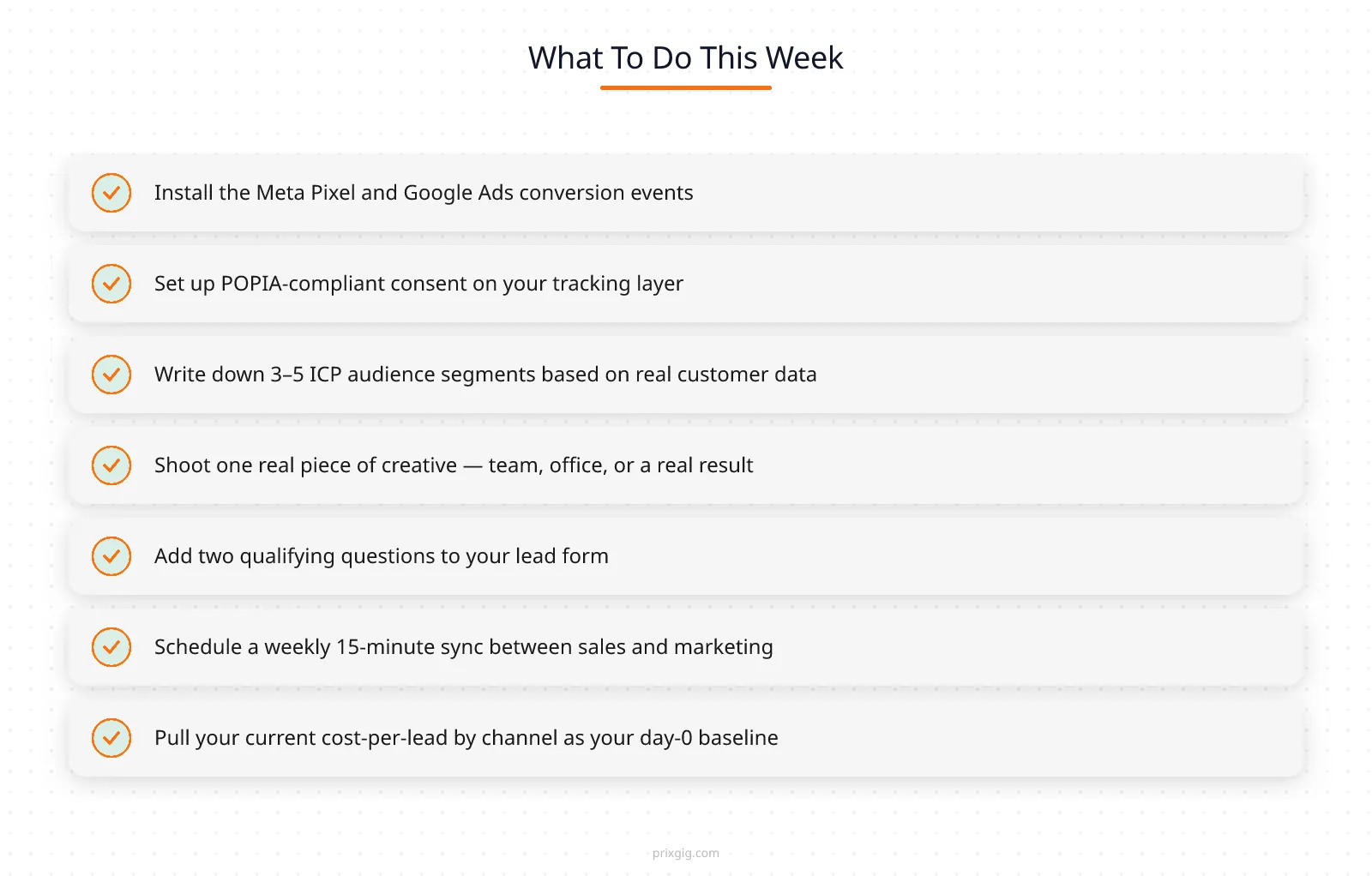 Action checklist: seven steps SA businesses can take this week to stop wasting paid ad spend — pixel, consent, ICP, creative, qualification, feedback, baseline

You don’t need another three-month strategy document. Here is what a real week looks like if you want to stop wasting paid ads spend:

1. **Install the Meta Pixel and Google Ads conversion events.** If you already have them, verify they’re firing correctly using the Meta Pixel Helper and the Google Ads conversion status report.
2. **Set up POPIA-compliant consent** on your tracking layer. Plain English, opt-in, at the point of data capture.
3. **Write down 3–5 ICP audience segments** based on your real closed-won customer data. Not assumptions — pull the CRM and look at who actually bought.
4. **Shoot one real piece of creative** this week. Team photo, office walk-through, a client (with permission). Phone camera is fine.
5. **Add two qualifying questions** to your lead form. Budget and timeline is a good place to start.
6. **Schedule a weekly 15-minute sync** between sales and marketing, permanent recurring calendar event.
7. **Pull your current cost-per-lead by channel** for the last 30 days as your day-0 baseline. Even if it hurts to look at, you need a starting number.

If you get through all seven this week, you’ve done more to fix your paid ads than most SA service businesses do in a year of agency retainers. For a deeper look at what AI marketing agents actually do with this data once the foundations are in place, read [What Are AI Marketing Agents and Why SA Businesses Need Them](/blog/what-are-ai-marketing-agents). And if you want to understand how AI tools can handle much of this without an agency, our [practical guide to AI for small business marketing](/blog/ai-for-small-business-marketing) walks through the DIY path step by step.

|||final_cta|||
Apply for the 21-Day Sprint|If you want someone to run this process on your account for you, PRIXGIG runs a 21-day proof sprint for SA service businesses spending R15,000+ per month on paid ads — zero management fee during the sprint, and a deliberately small intake of five operators per quarter. The sprint either produces qualified leads inside 21 days, or we keep running until it does.
|||end_final_cta|||